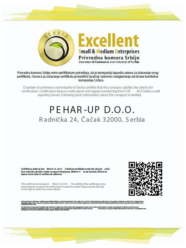 Read more about the article Preduzeće PEHAR-UP DOO je nosilac Excellent SME sertifikata PKS